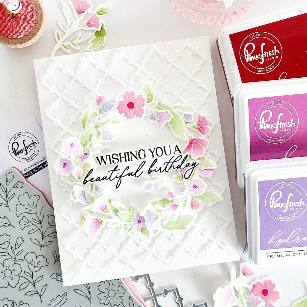 Pinkfresh Studio Bloomscape Die 306925 wreath wishing you a beautiful birthday card