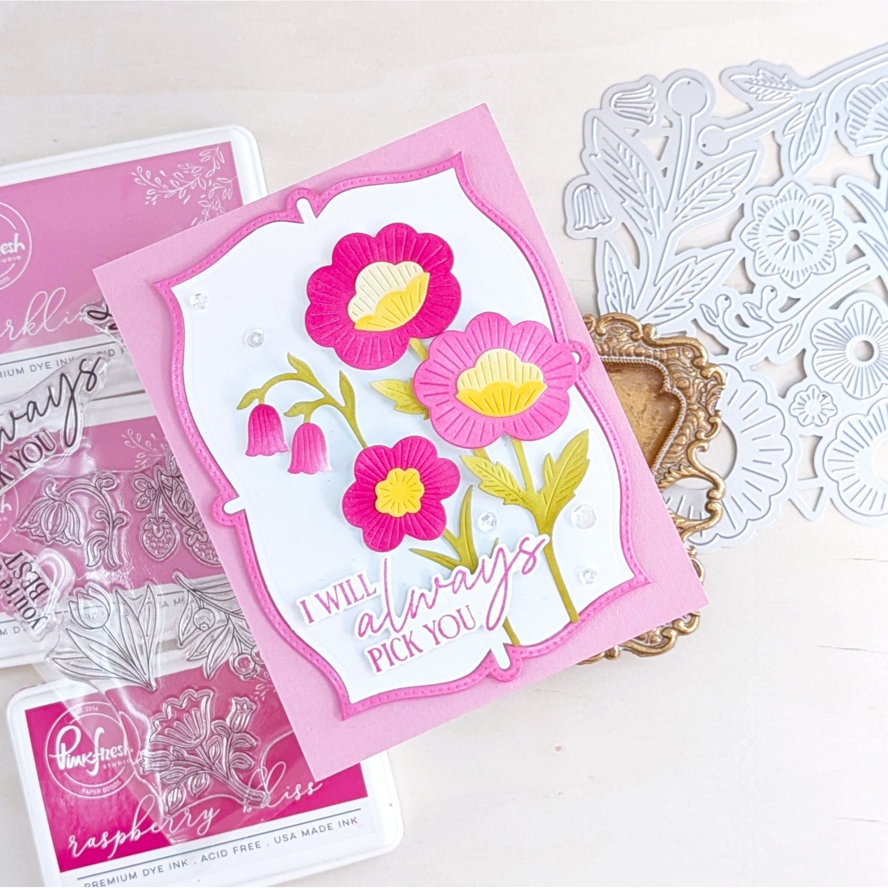 Pinkfresh Studio Bloomsmith Florals Stencils 312625 I Will Always Pick You Card