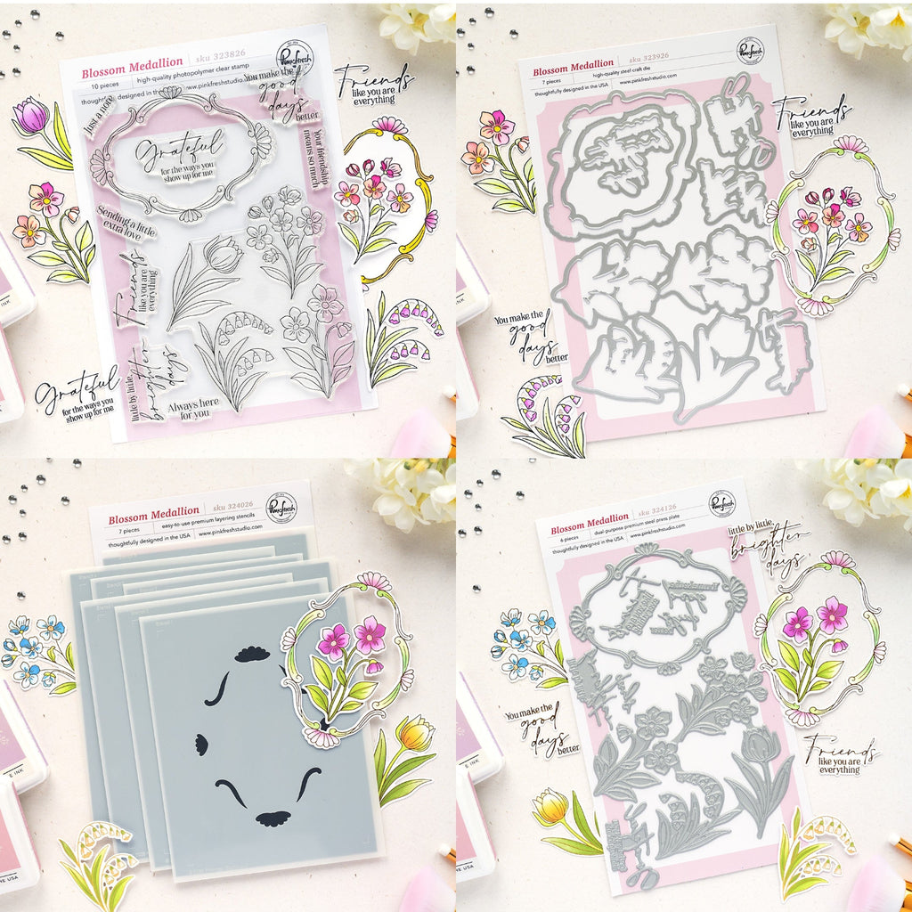 Pinkfresh Studio Blossom Medallion Clear Stamps Dies Stencils And Press Plates Bundle