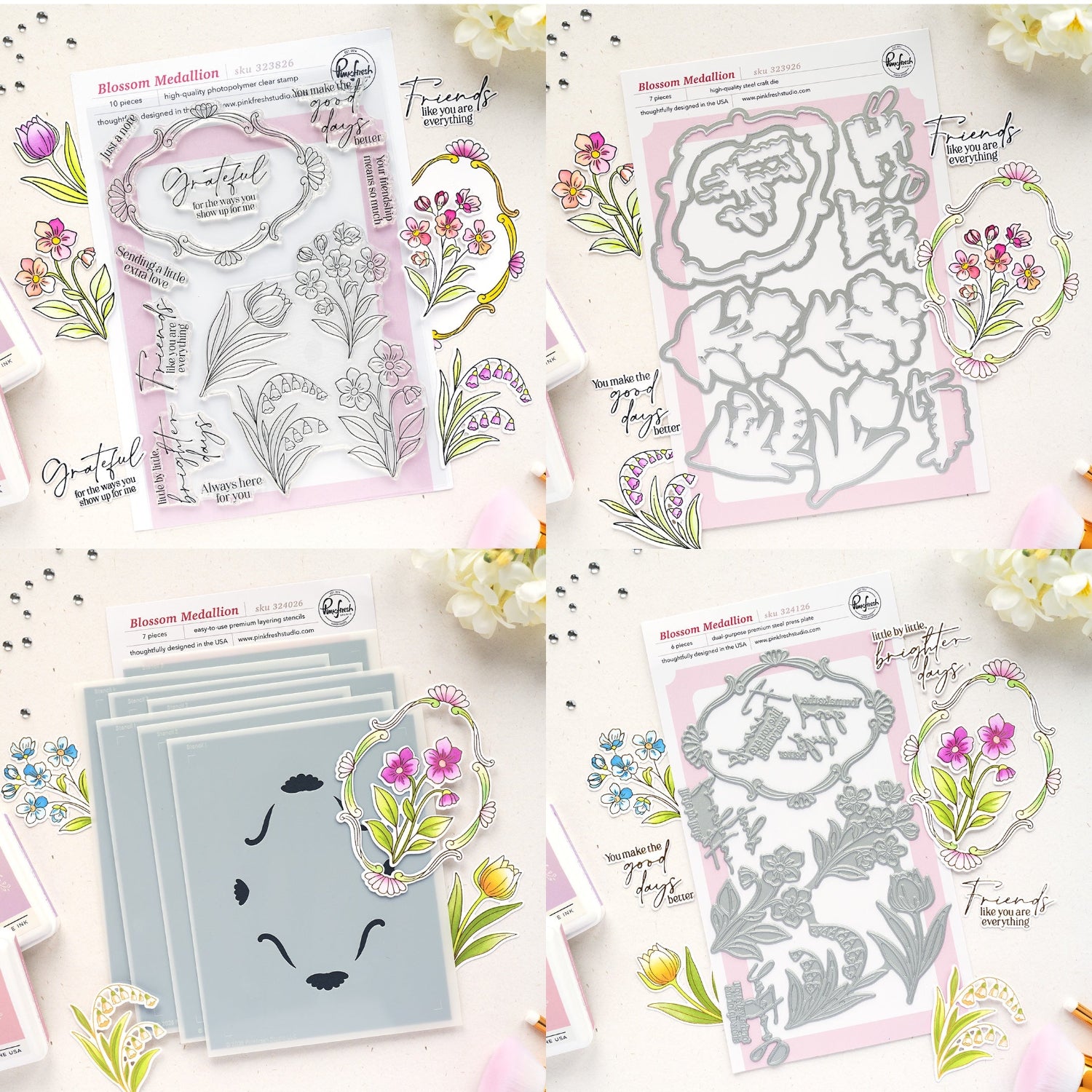 Pinkfresh Studio Blossom Medallion Clear Stamps Dies Stencils And Press Plates Bundle
