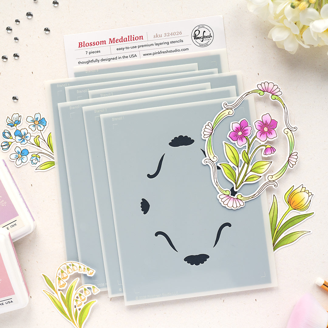 Pinkfresh Studio Blossom Medallion Clear Stamps Dies Stencils And Press Plates Bundle 324026 Stencils Set