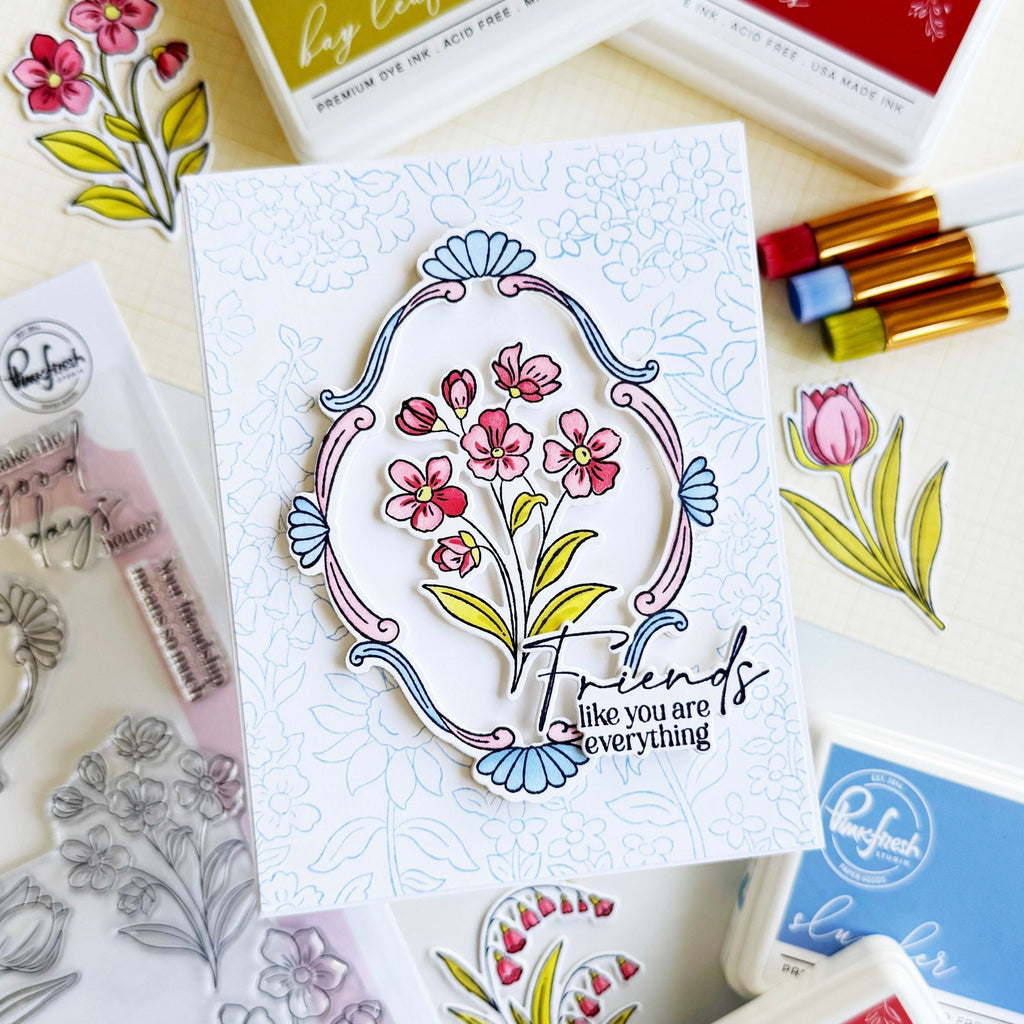 Pinkfresh Studio Blossom Medallion Stencils 324026 Friends Like You Are Everything Card