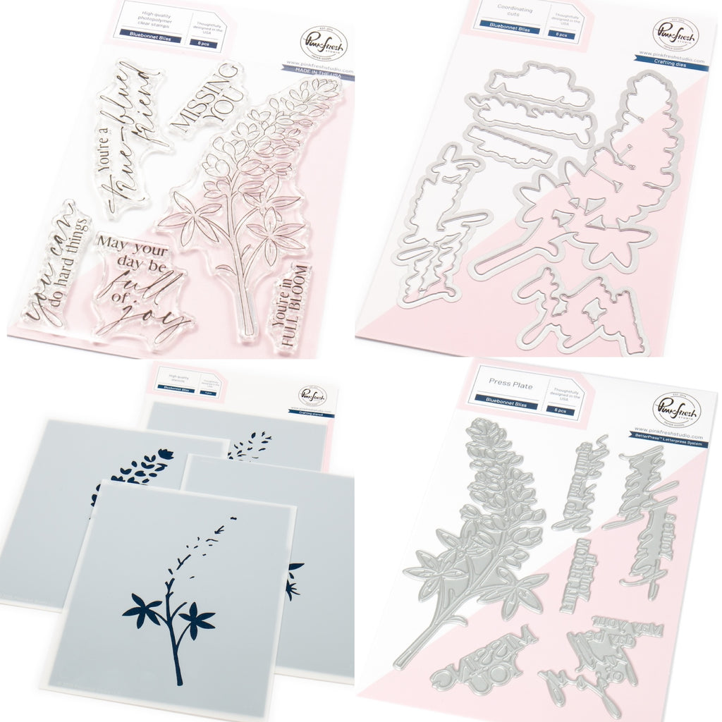 Pinkfresh Studio Bluebonnet Bliss Stamps Dies Stencils And Press Plates Bundle