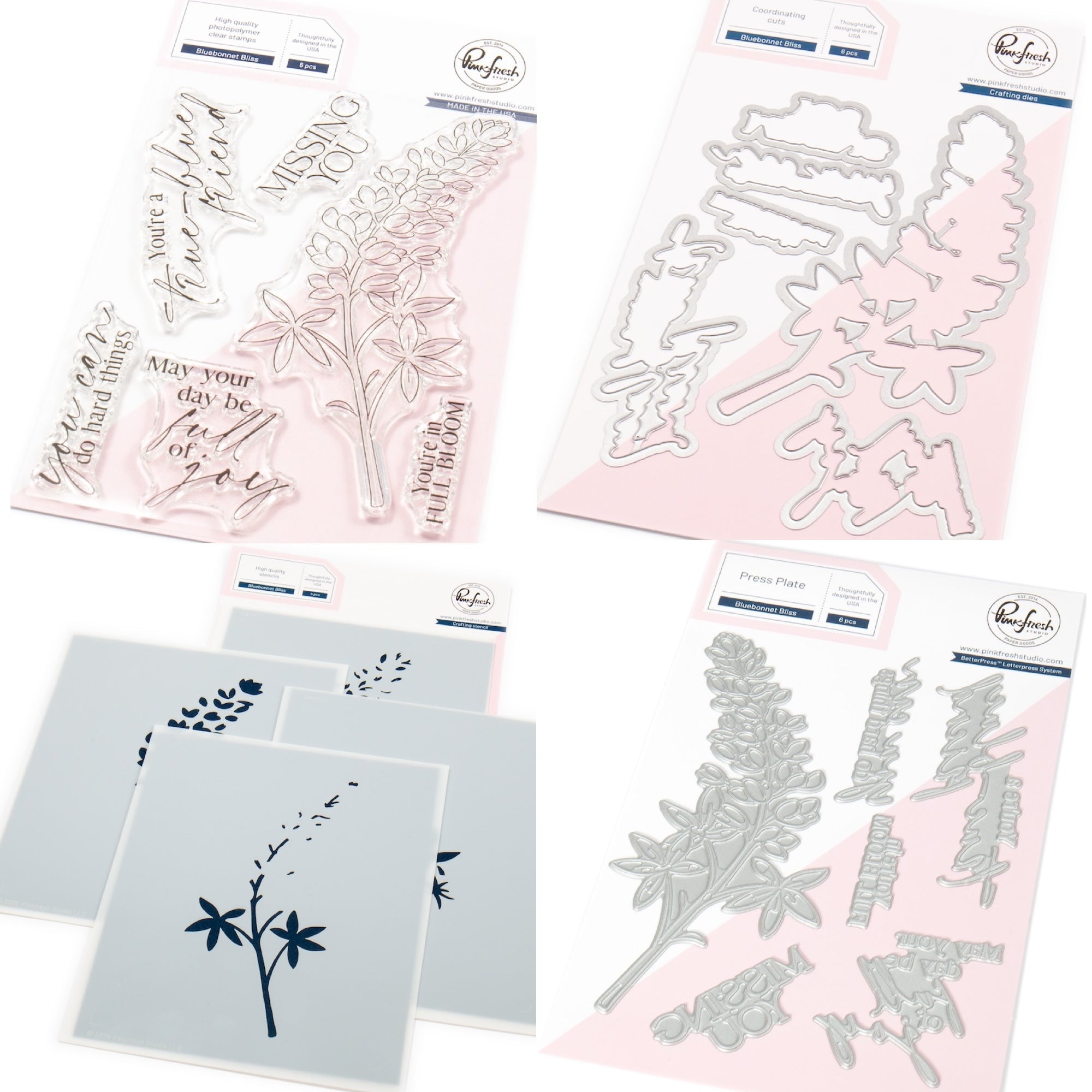 Pinkfresh Studio Bluebonnet Bliss Stamps Dies Stencils And Press Plates Bundle