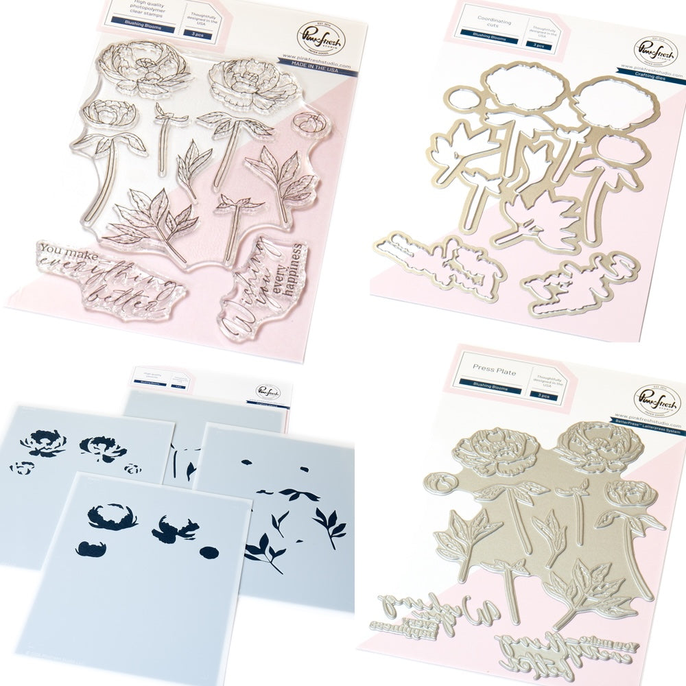 Pinkfresh Studio Blushing Blooms Stamps Dies Stencils And Press Plates Bundle