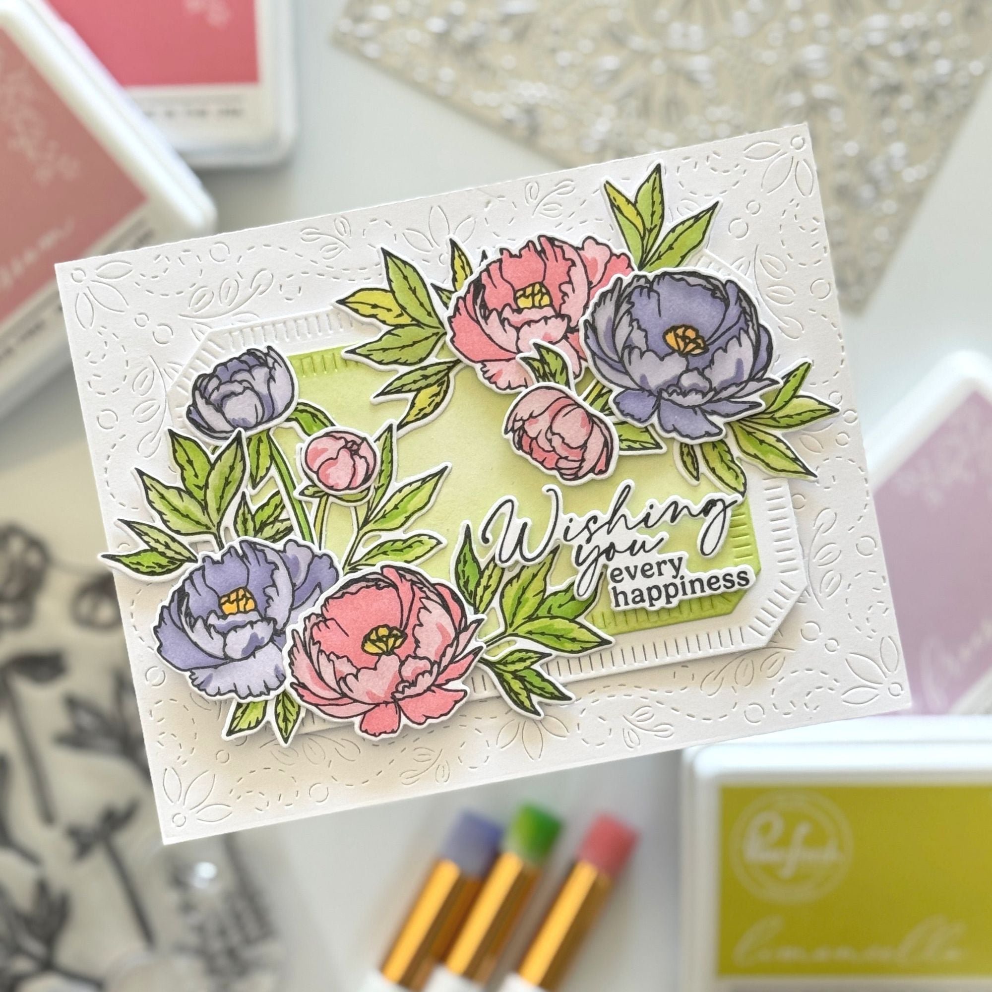 Pinkfresh Studio Blushing Blooms Stencils 283425 Floral Wishing You Every Happiness Card