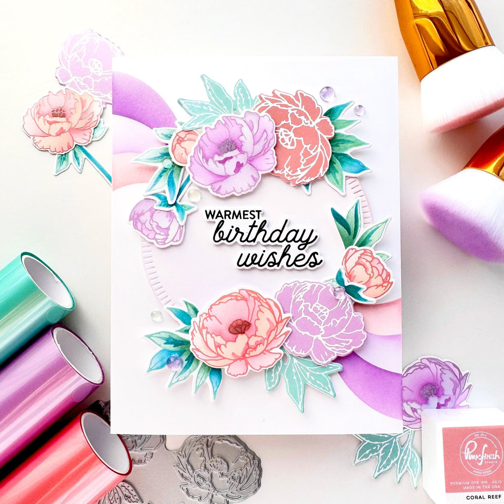 Pinkfresh Studio Blushing Blooms Stencils 283425 Warmest Birthday Wishes Card