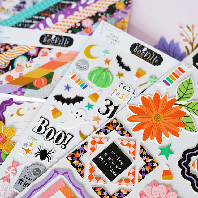Pinkfresh Studio BooVille Puffy Stickers 326126 Halloween Layout