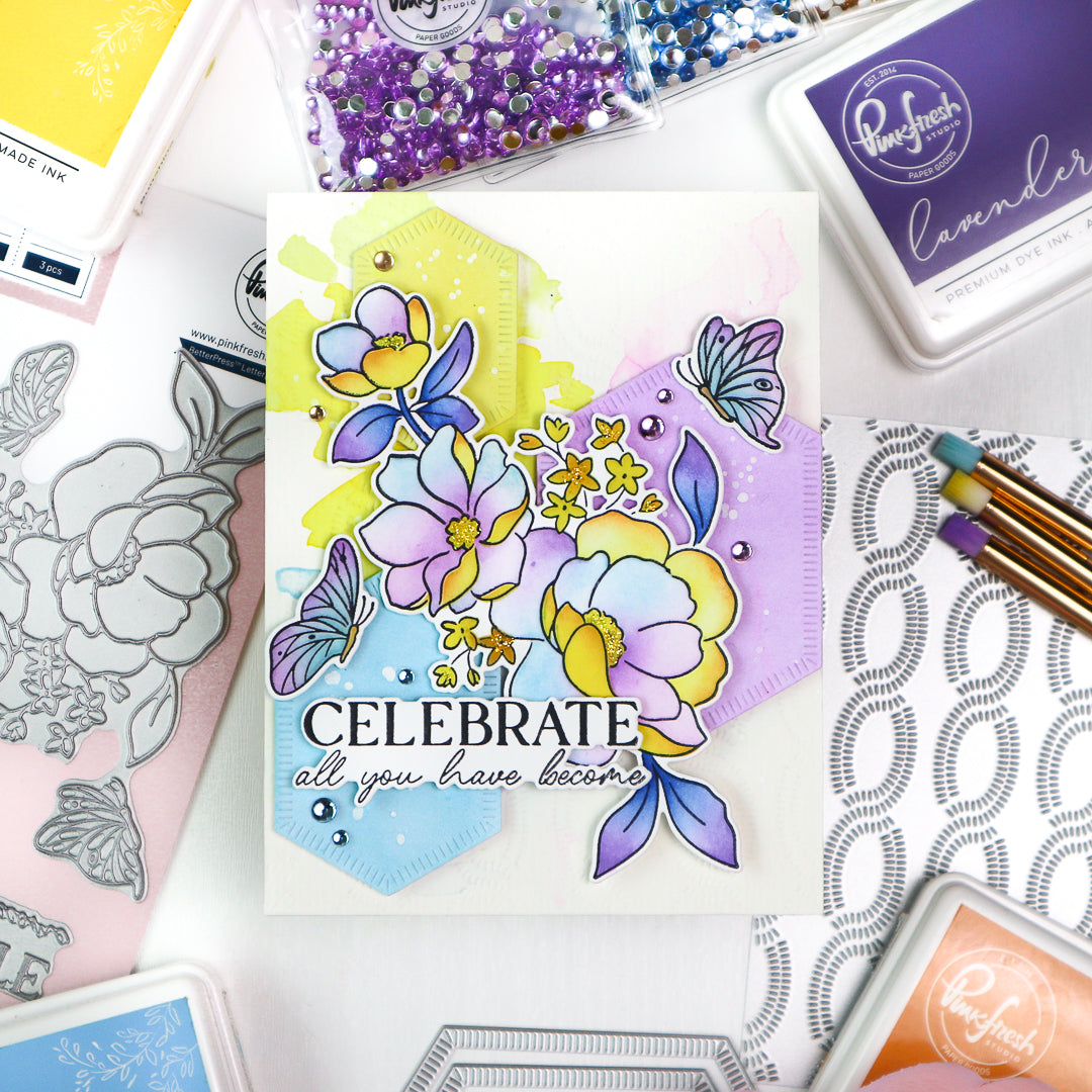 Pinkfresh Studio Butterflies In Bloom Stencils 265125 Floral Celebration Card