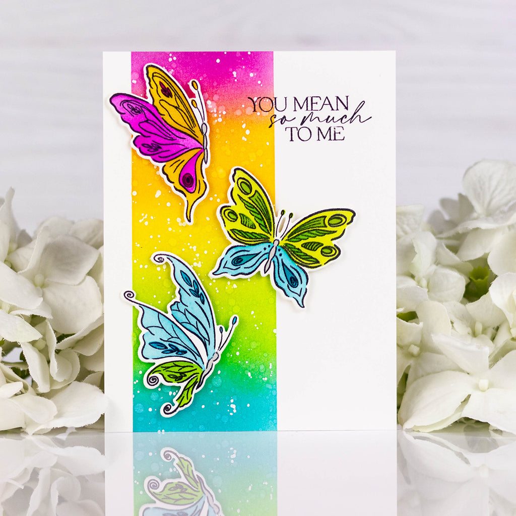 Pinkfresh Studio Butterfly Bliss Stamps Dies Stencils And Press Plates Bundle You Mean So Much To Me Colorful Card
