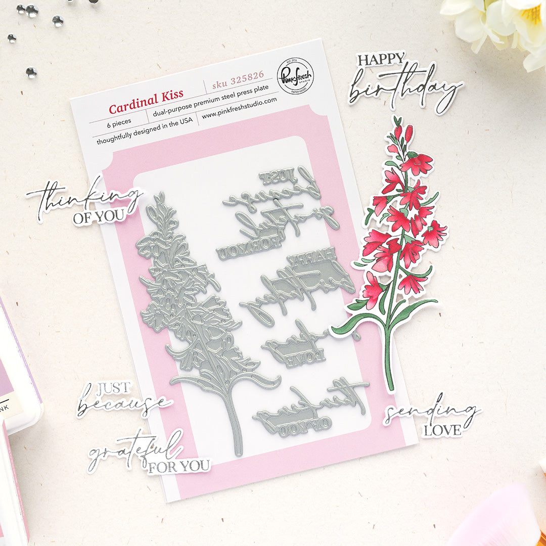 Pinkfresh Studio Cardinal Kiss Clear Stamps Dies Stencils And Press Plates Bundle 325826 Letterpress And Hot Foil Set