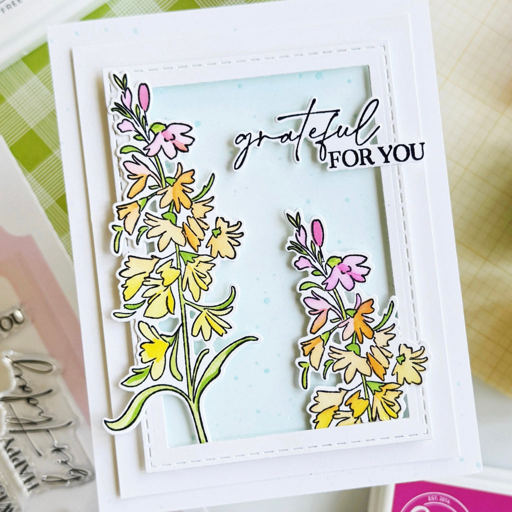 Pinkfresh Studio Cardinal Kiss Clear Stamps Dies Stencils And Press Plates Bundle Dana Grateful for You Flowers Card