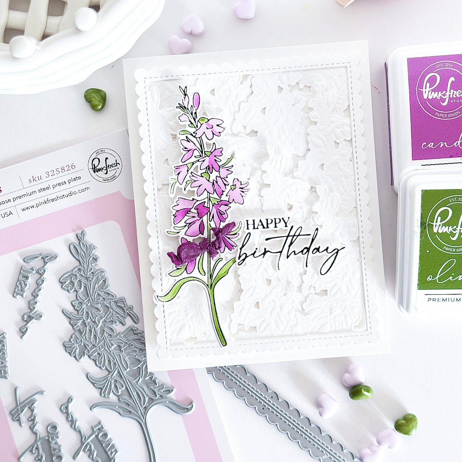 Pinkfresh Studio Cardinal Kiss Clear Stamps Dies Stencils And Press Plates Bundle Karin Happy Birthday Flower Card