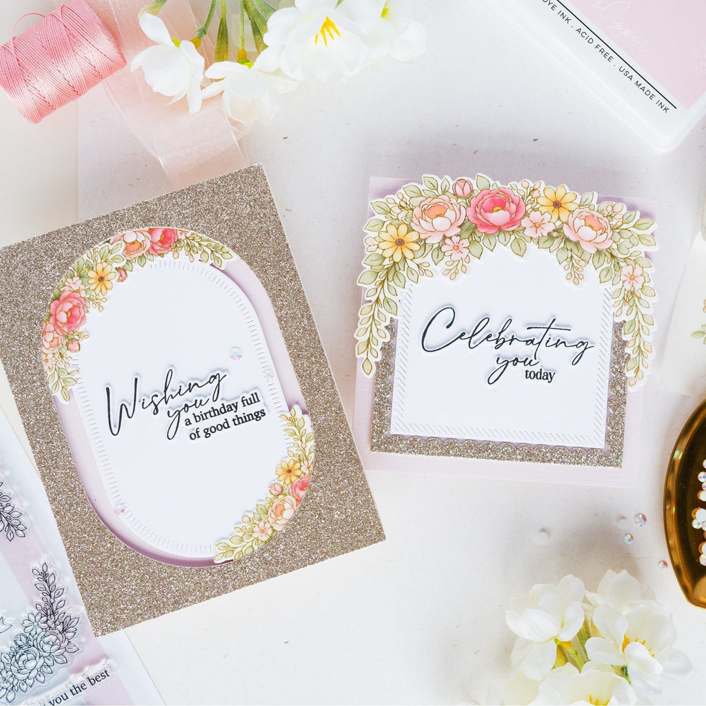 Pinkfresh Studio Celebrate In Blooms Clear Stamps 322226 Kathleen Floral Swag Cards