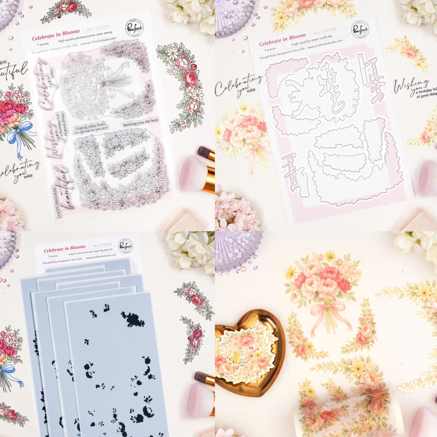 Pinkfresh Studio Celebrate In Blooms Clear Stamps Dies Stencils And Washi Tape Bundle