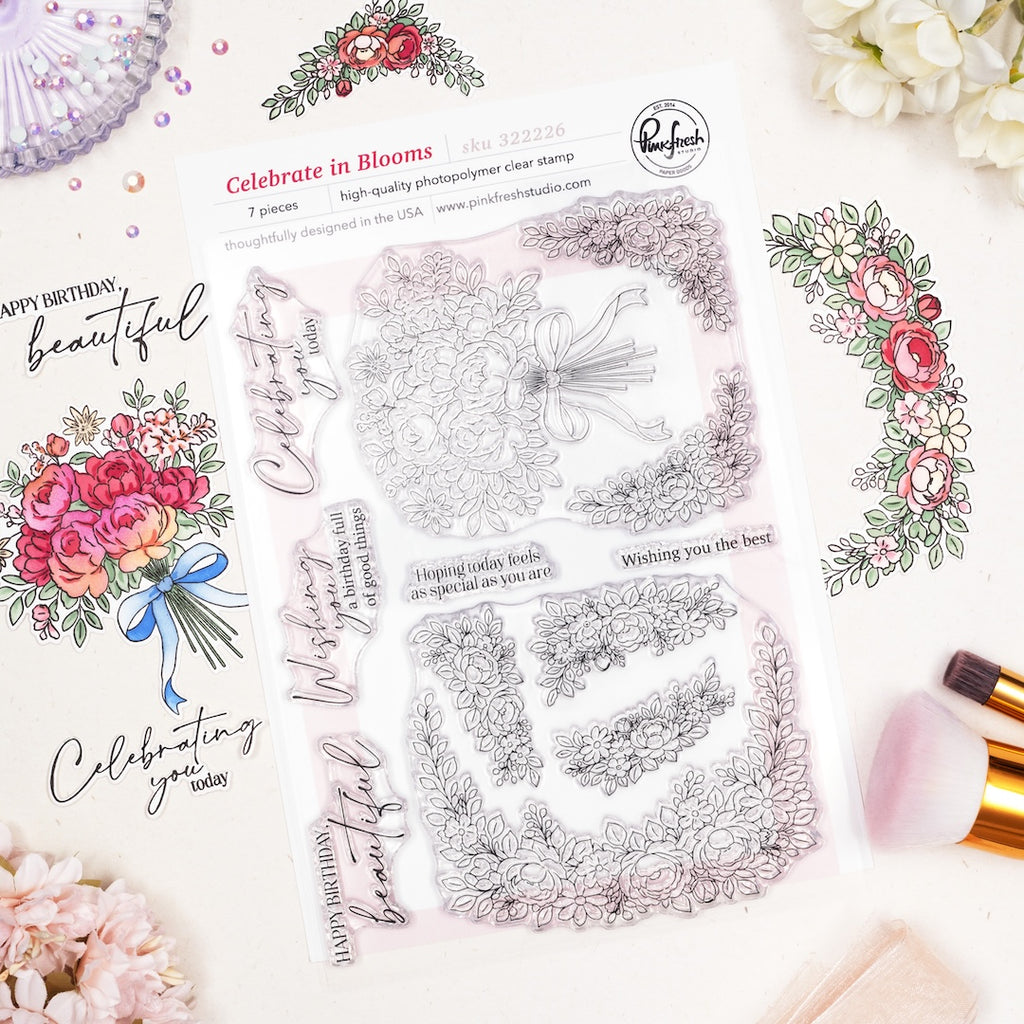 Pinkfresh Studio Celebrate In Blooms Clear Stamps Dies Stencils And Washi Tape Bundle 322226 Stamps