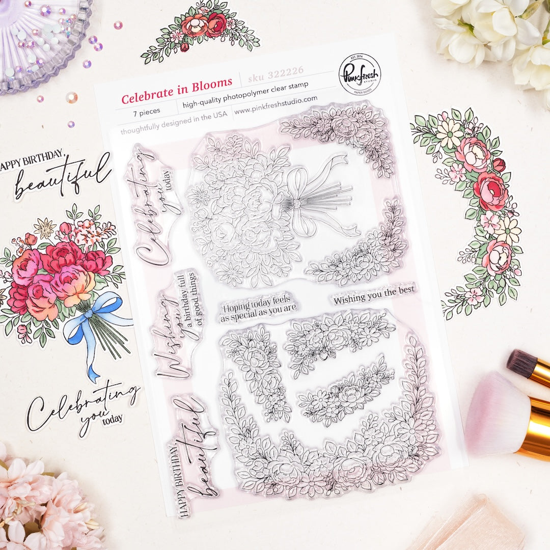 Pinkfresh Studio Celebrate In Blooms Clear Stamps Dies Stencils And Washi Tape Bundle 322226 Stamps