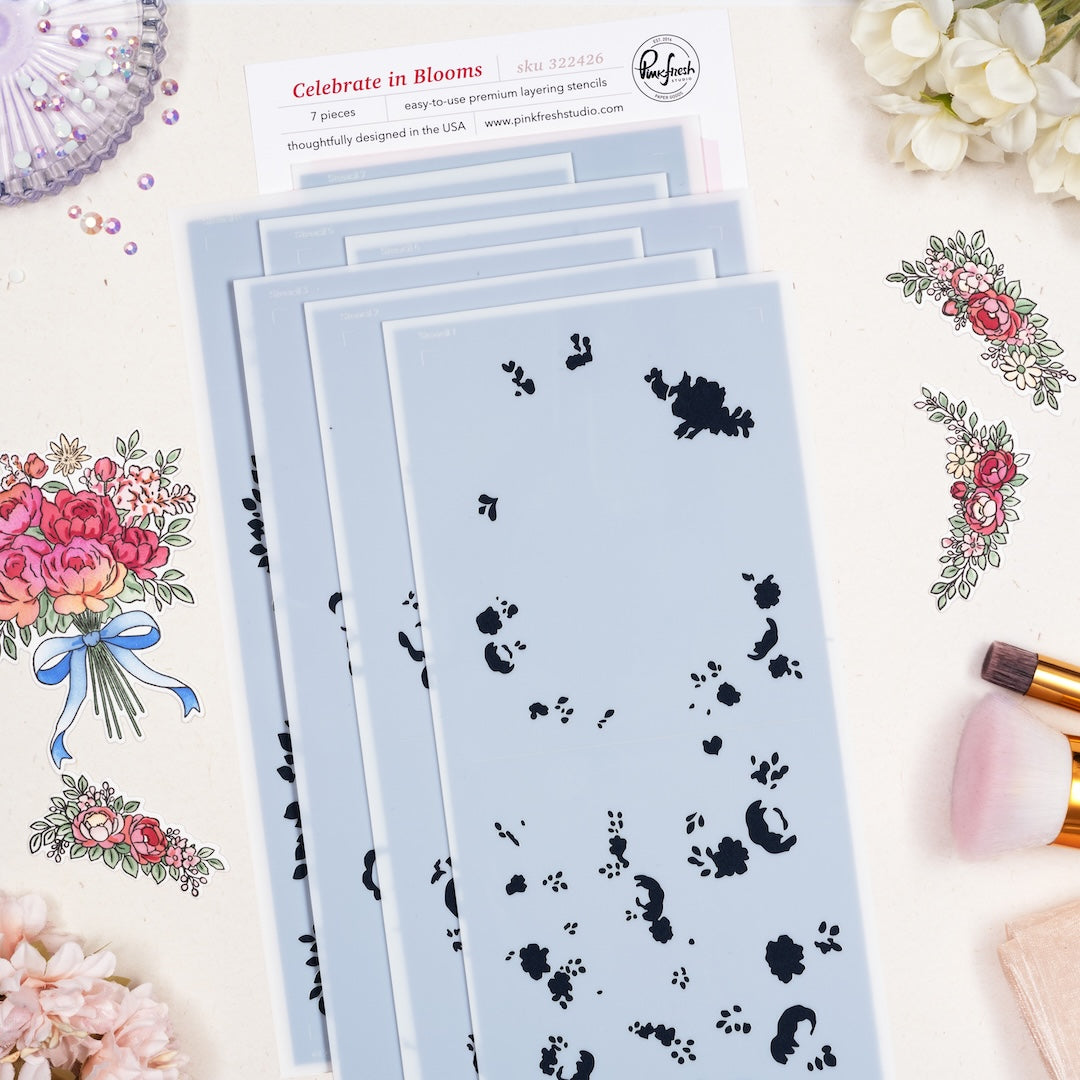 Pinkfresh Studio Celebrate In Blooms Clear Stamps Dies Stencils And Washi Tape Bundle 322426 Stencils