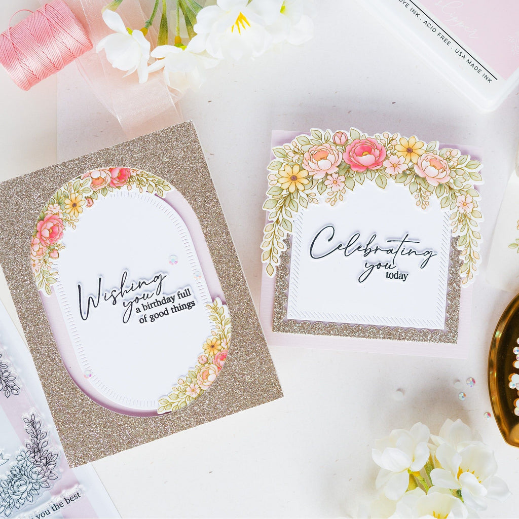 Pinkfresh Studio Celebrate In Blooms Clear Stamps Dies Stencils And Washi Tape Bundle Wishing You A Birthday Full Of Good Things Card