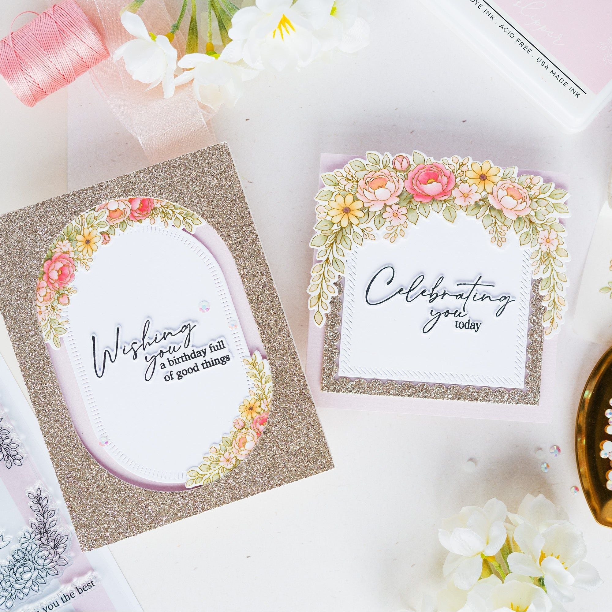 Pinkfresh Studio Celebrate In Blooms Clear Stamps Dies Stencils And Washi Tape Bundle Wishing You A Birthday Full Of Good Things Card