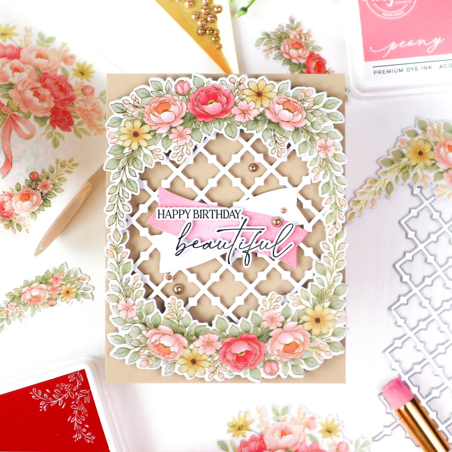 Pinkfresh Studio Celebrate In Blooms Dies 322326 Tae Eun Lattice Happy Birthday Beautiful Card