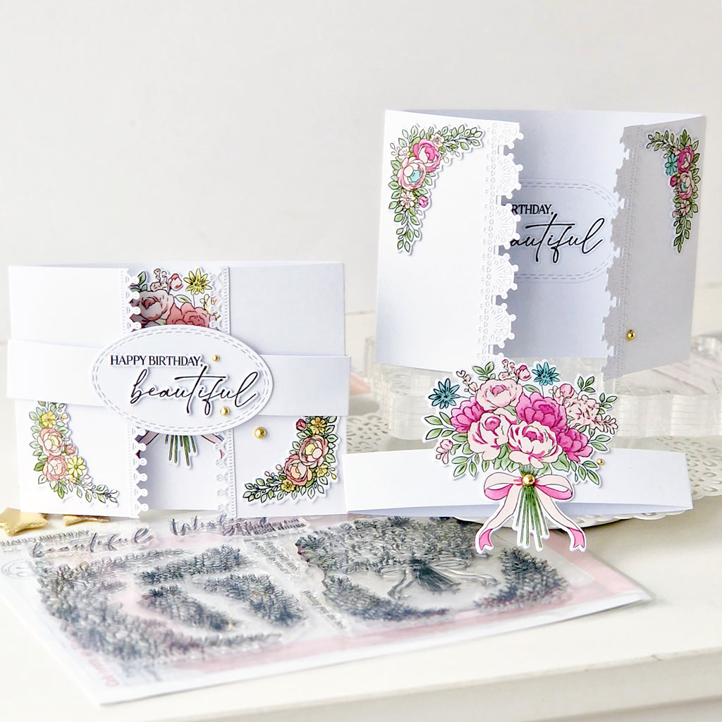 Pinkfresh Studio Celebrate In Blooms Stencils 322426 Anette Floral Bouquet and Floral Corner Belly Band Cards
