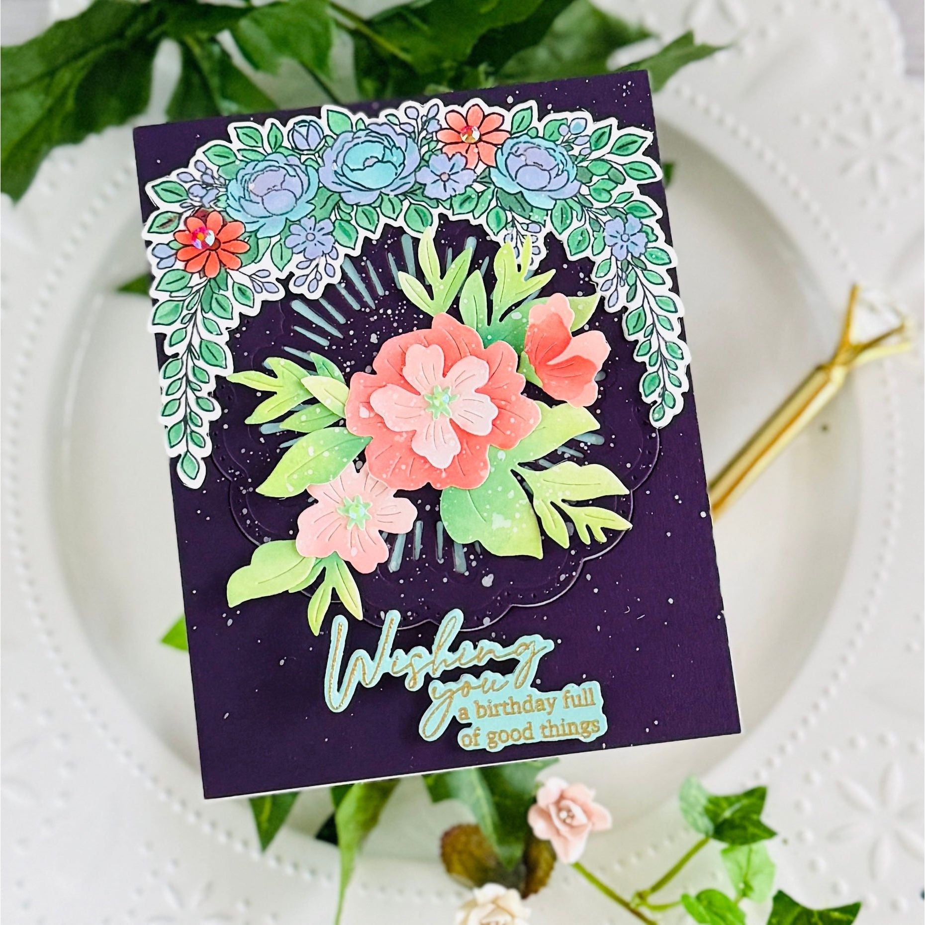 Pinkfresh Studio Celebrate In Blooms Stencils 322426 Kailash Wishing You A Birthday Full Of Good Things Floral Swag Card
