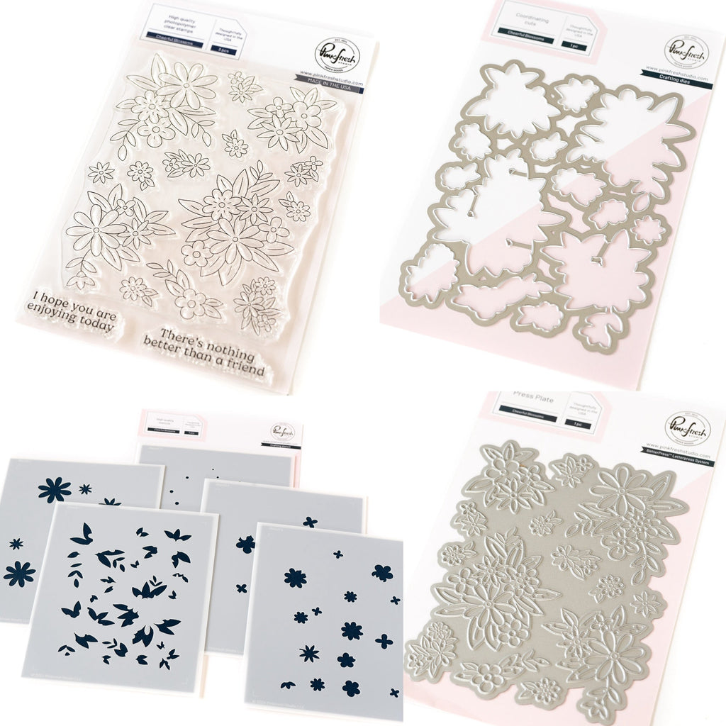 Pinkfresh Studio Cheerful Blossoms Stamps Die Stencils And Press Plate Bundle