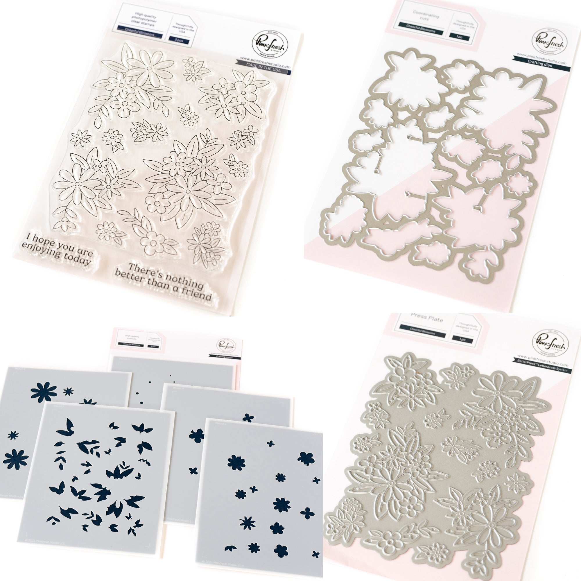 Pinkfresh Studio Cheerful Blossoms Stamps Die Stencils And Press Plate Bundle