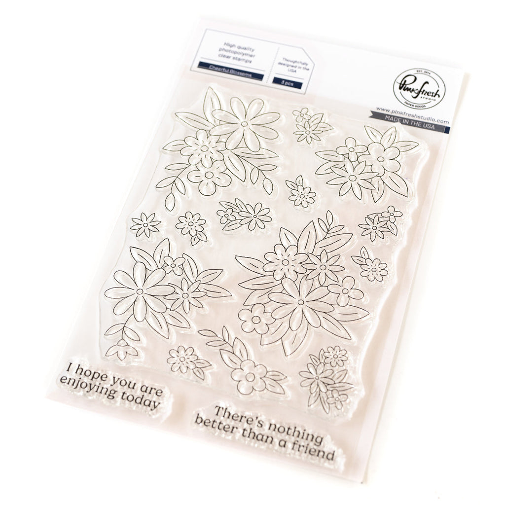 Pinkfresh Studio Cheerful Blossoms Stamps Die Stencils And Press Plate Bundle 262724