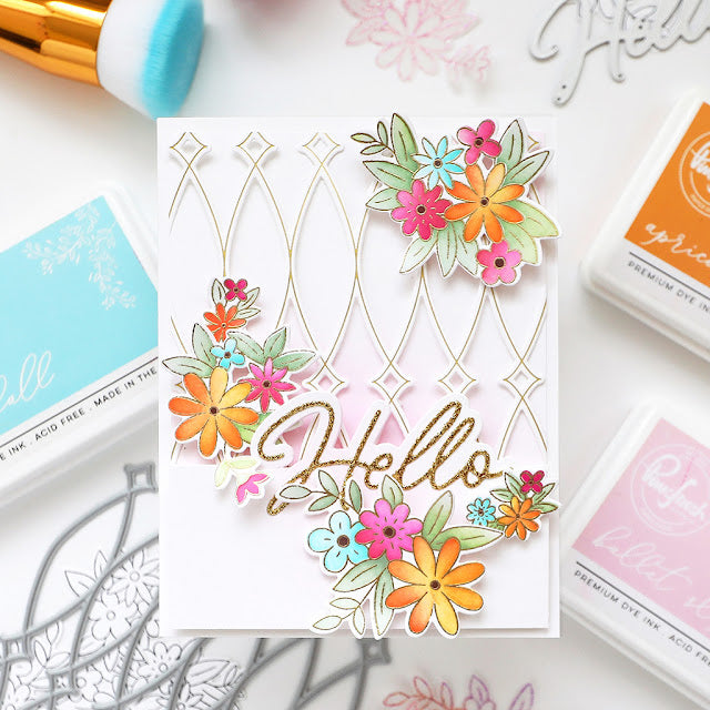 Pinkfresh Studio Cheerful Blossoms Stencils 262924 Floral Hello Card | color-code:ALT01