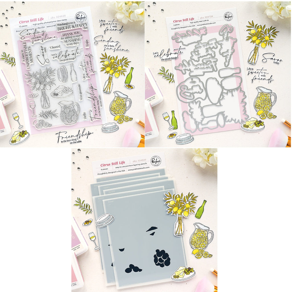Pinkfresh Studio Citrus Still Life Clear Stamps Dies Stencils Bundle