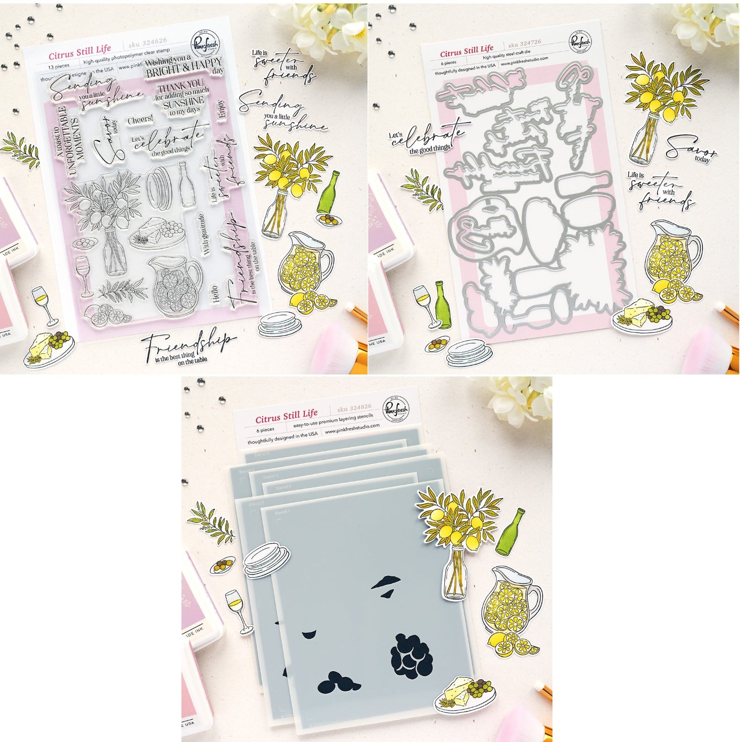 Pinkfresh Studio Citrus Still Life Clear Stamps Dies Stencils Bundle
