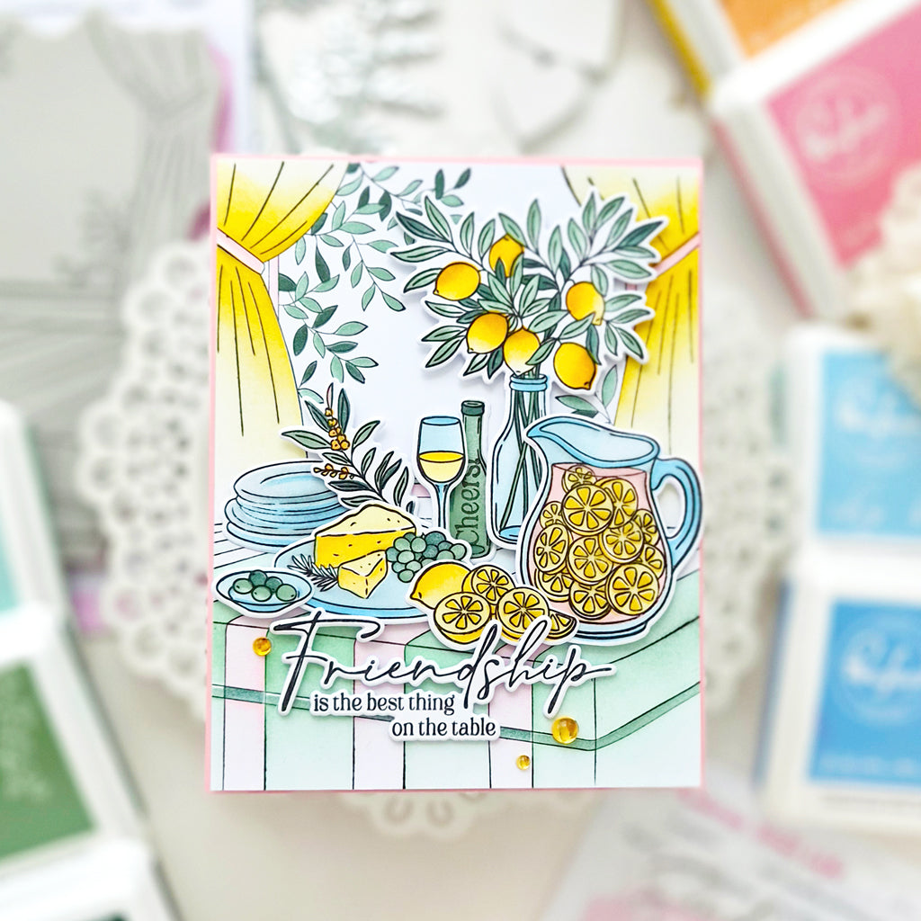 Pinkfresh Studio Citrus Still Life Clear Stamps Dies Stencils Bundle Anett Friendship Lemonade Card