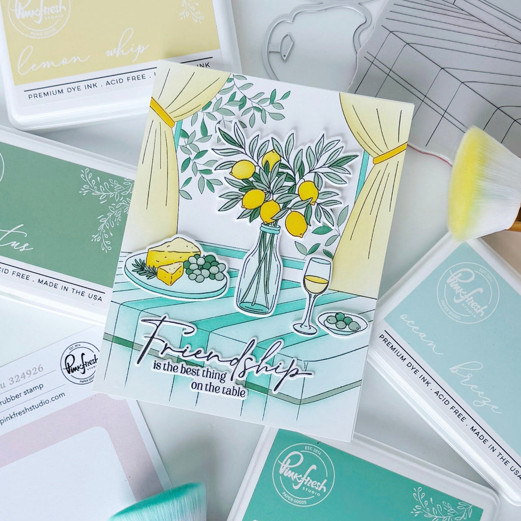 Pinkfresh Studio Citrus Still Life Clear Stamps Dies Stencils Bundle Jody Morrow Friendship is the best thing on the table card
