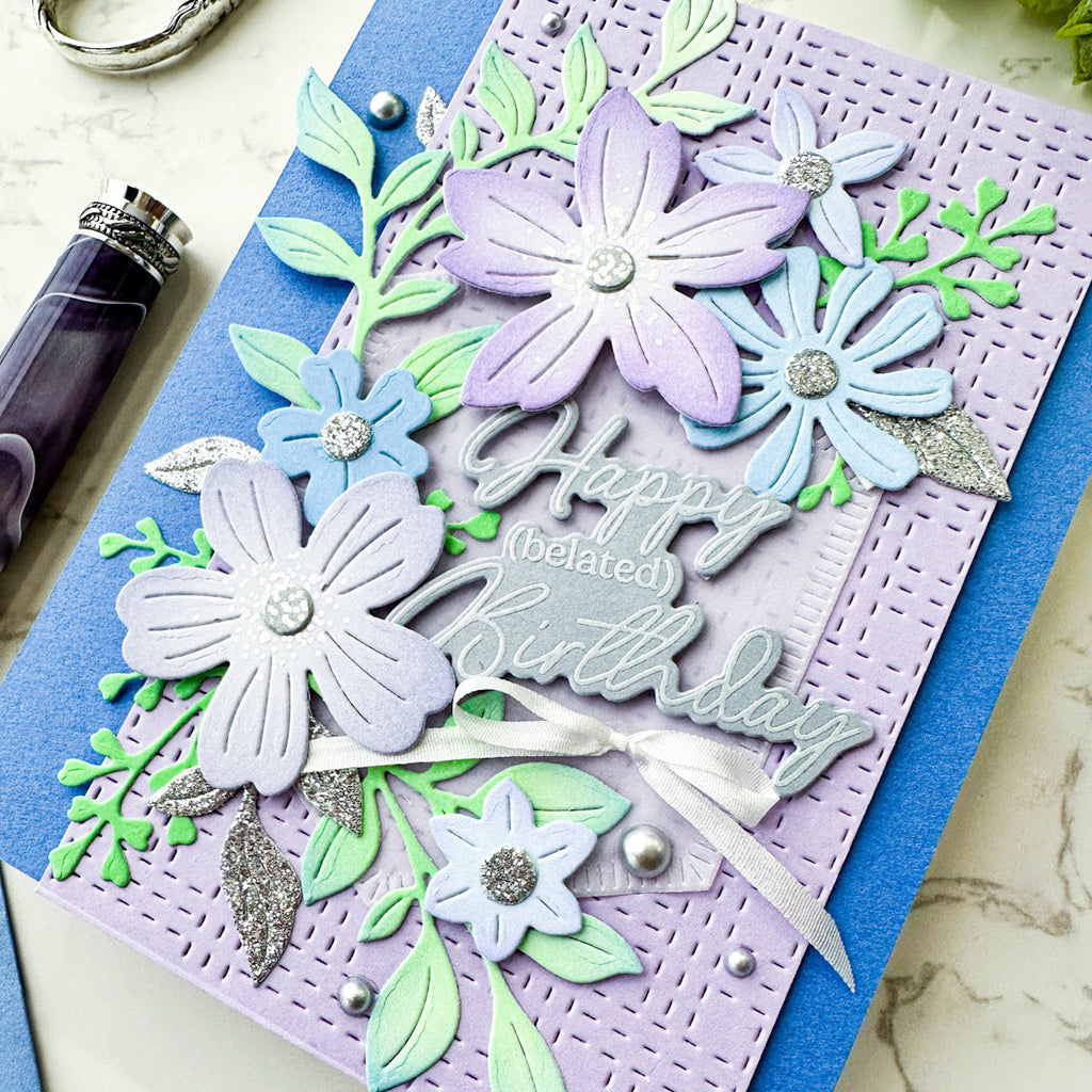 Pinkfresh Studio Classic Correspondence Stamps Dies Stencils And Press Plates Bundle Belated Birthday Card | color-code:ALT01