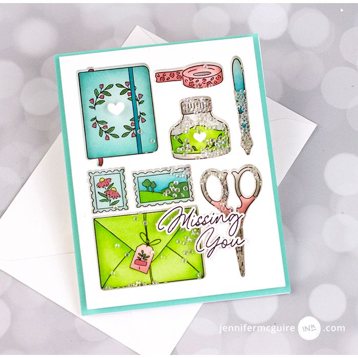 Pinkfresh Studio Classic Correspondence Stamps Dies Stencils And Press Plates Bundle Missing You Shaker Card | color-code:ALT04