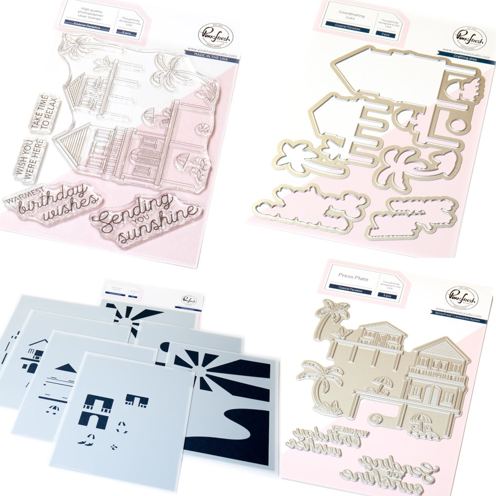 Pinkfresh Studio Coastal Paradise Stamps Dies Stencils And Press Plates Bundle