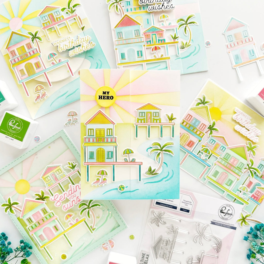 Pinkfresh Studio Coastal Paradise Stamps Dies Stencils And Press Plates Bundle My Hero Card