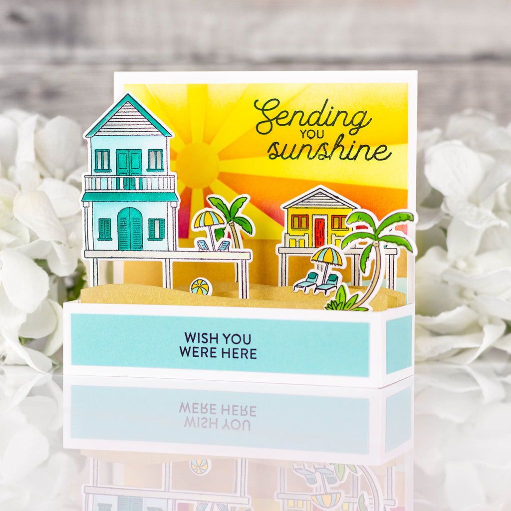 Pinkfresh Studio Coastal Paradise Stamps Dies Stencils And Press Plates Bundle Sending You Sunshine Card