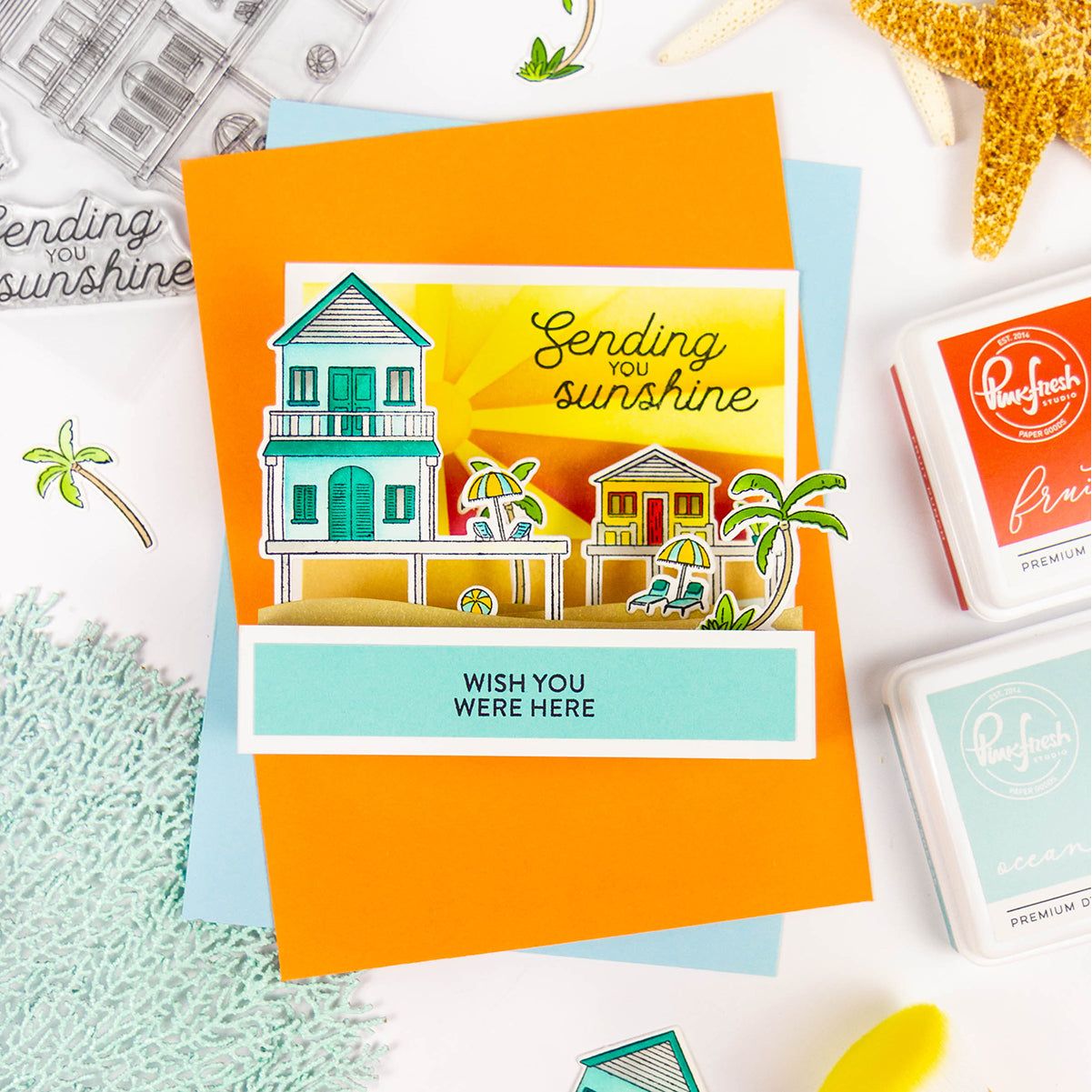 Pinkfresh Studio Coastal Paradise Stencils 282625 Wish You Were Here Card