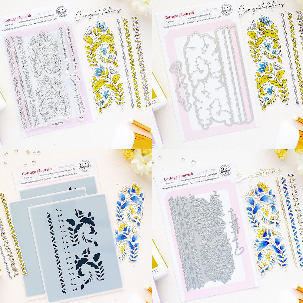Pinkfresh Studio Cottage Flourish Clear Stamps Dies Stencils And Press Plates Bundle