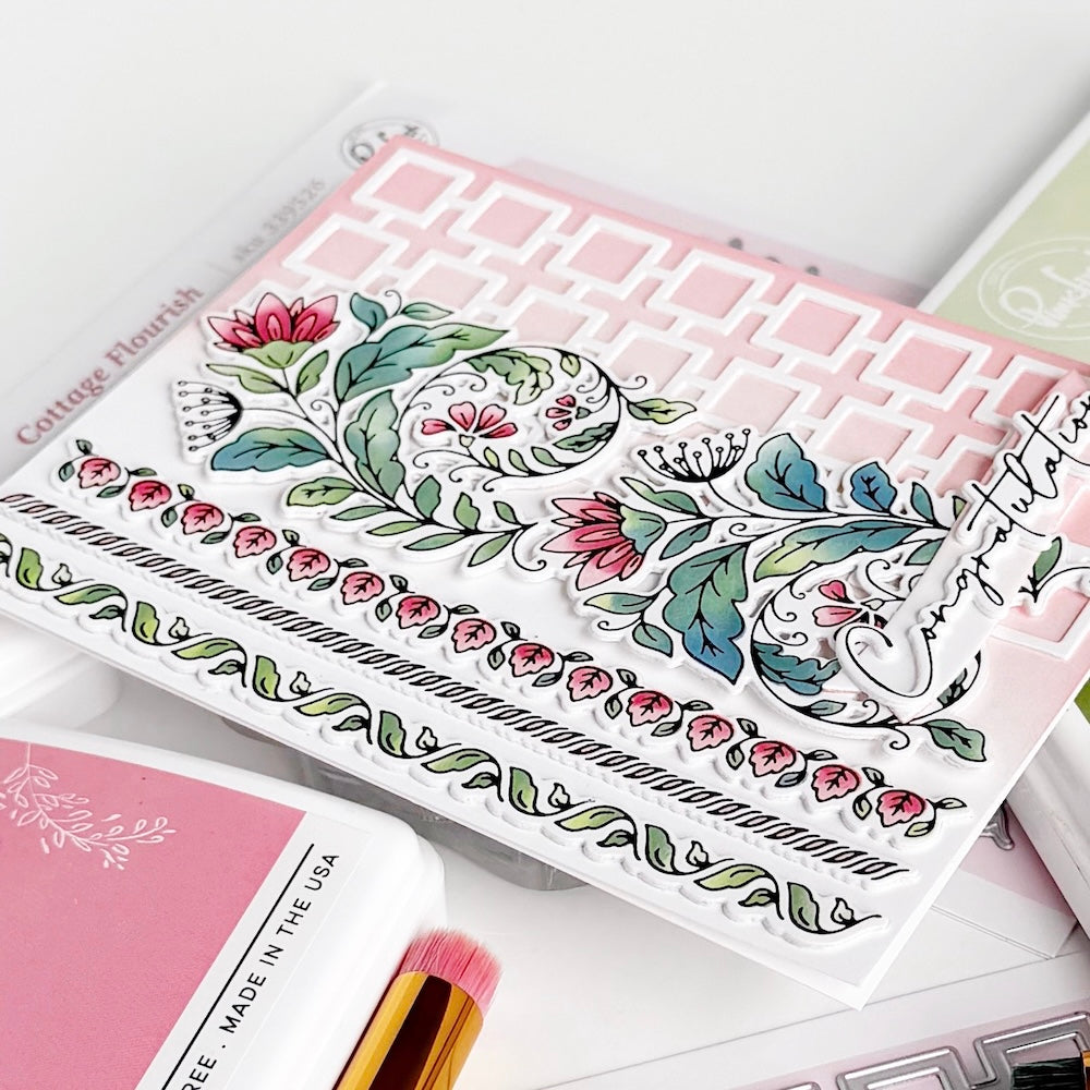 Pinkfresh Studio Cottage Flourish Stencils 339426 Jody Morrow Congratulations Card