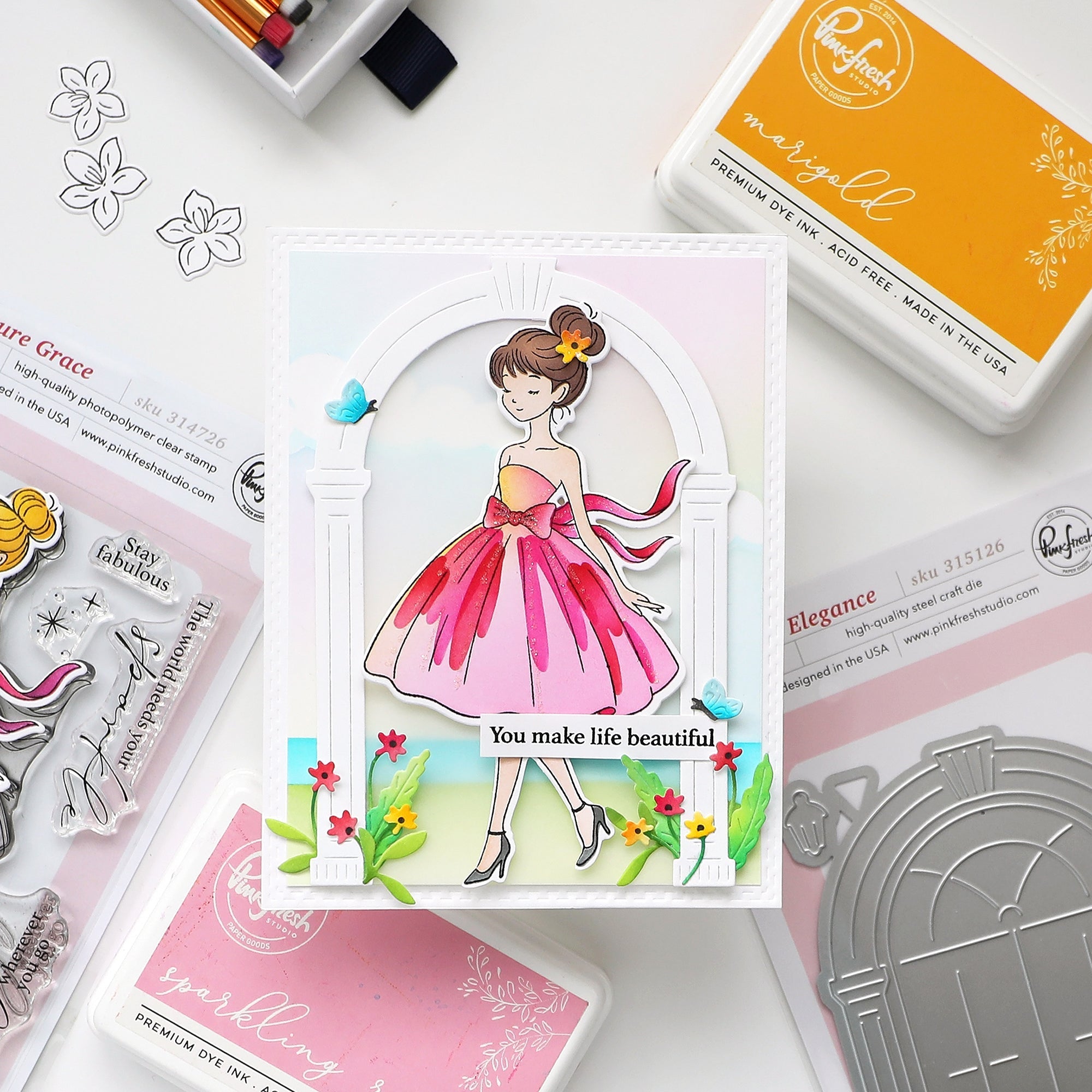 Pinkfresh Studio Couture Grace Clear Stamps 314726 You Make Life Beautiful Card