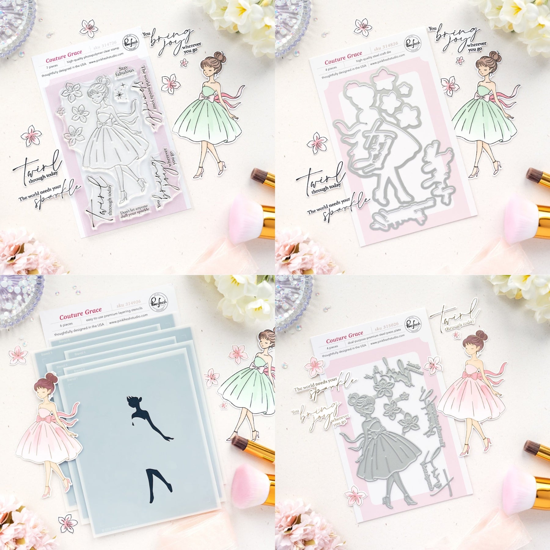 Pinkfresh Studio Couture Grace Clear Stamps Dies Stencils And Press Plates Bundle