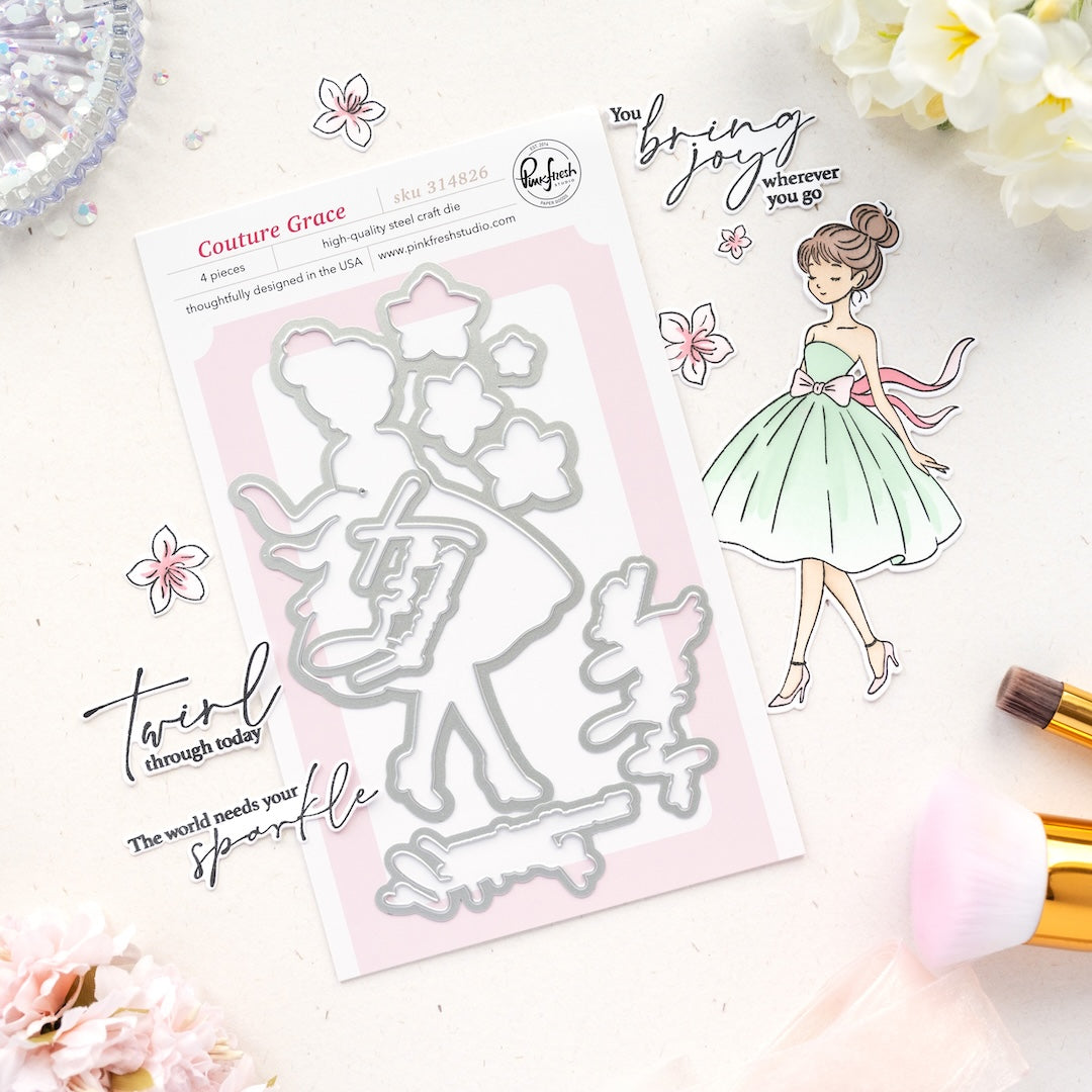 Pinkfresh Studio Couture Grace Clear Stamps Dies Stencils And Press Plates Bundle 314826 Wafer thin dies set