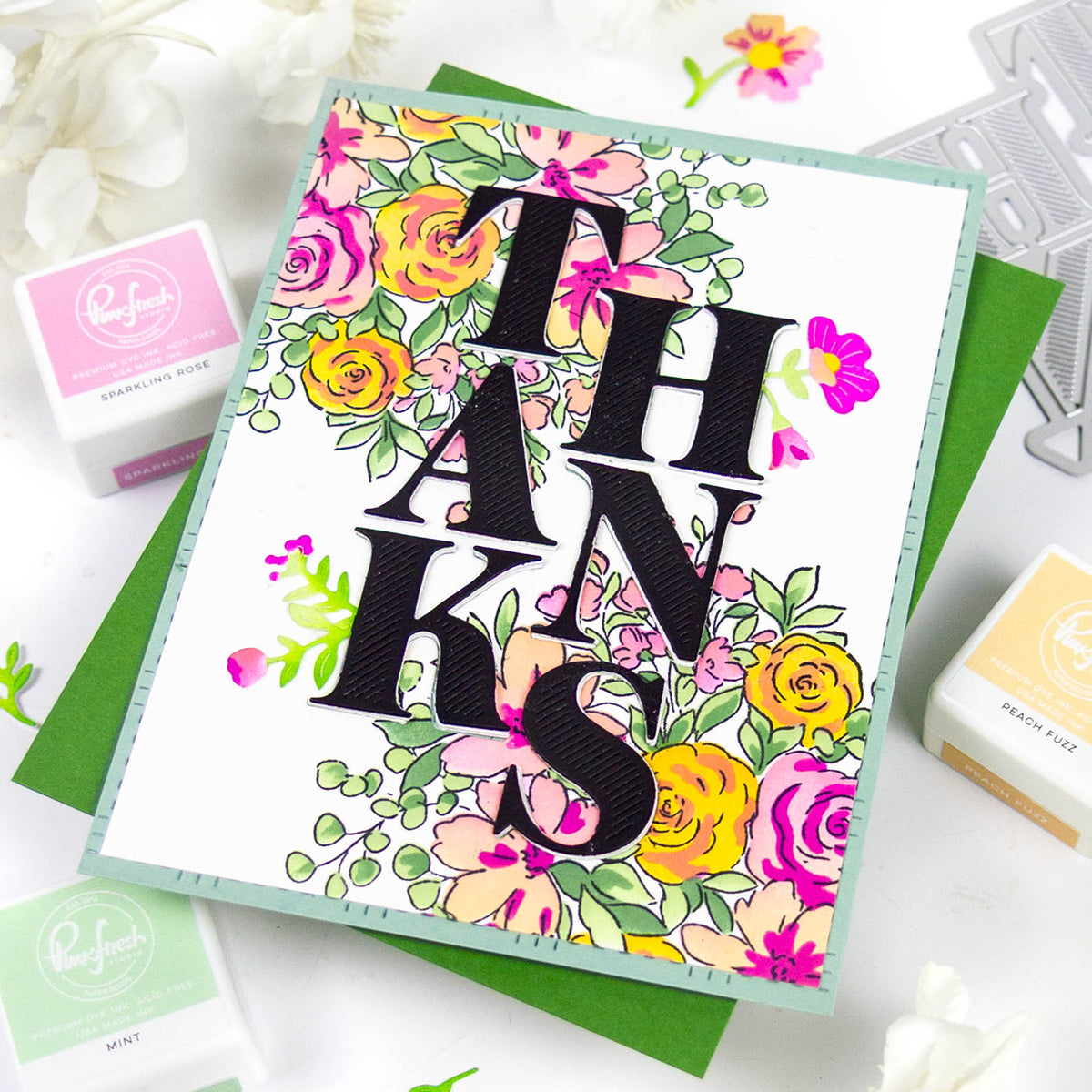 Pinkfresh Studio Cozy Blooms Clear Stamps 245924 Floral Thanks Card