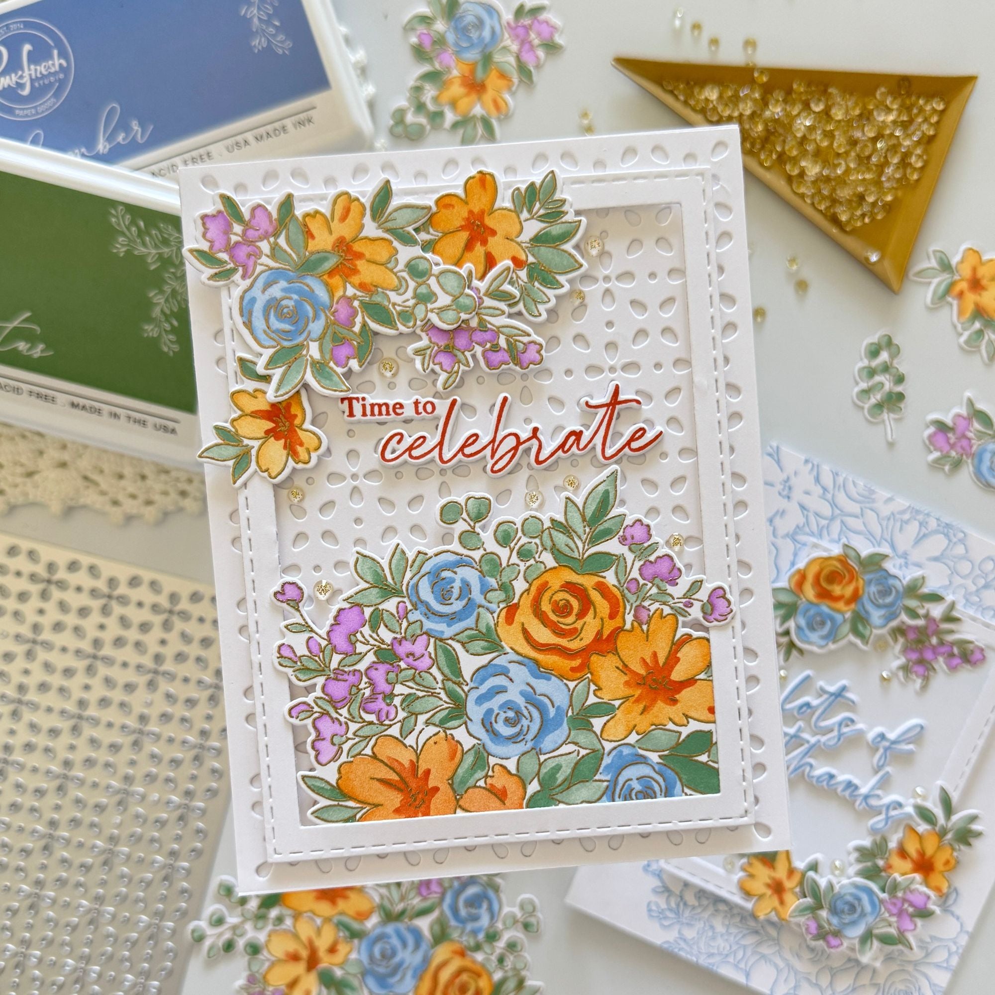Pinkfresh Studio Cozy Blooms Clear Stamps 245924 Time To Celebrate Card