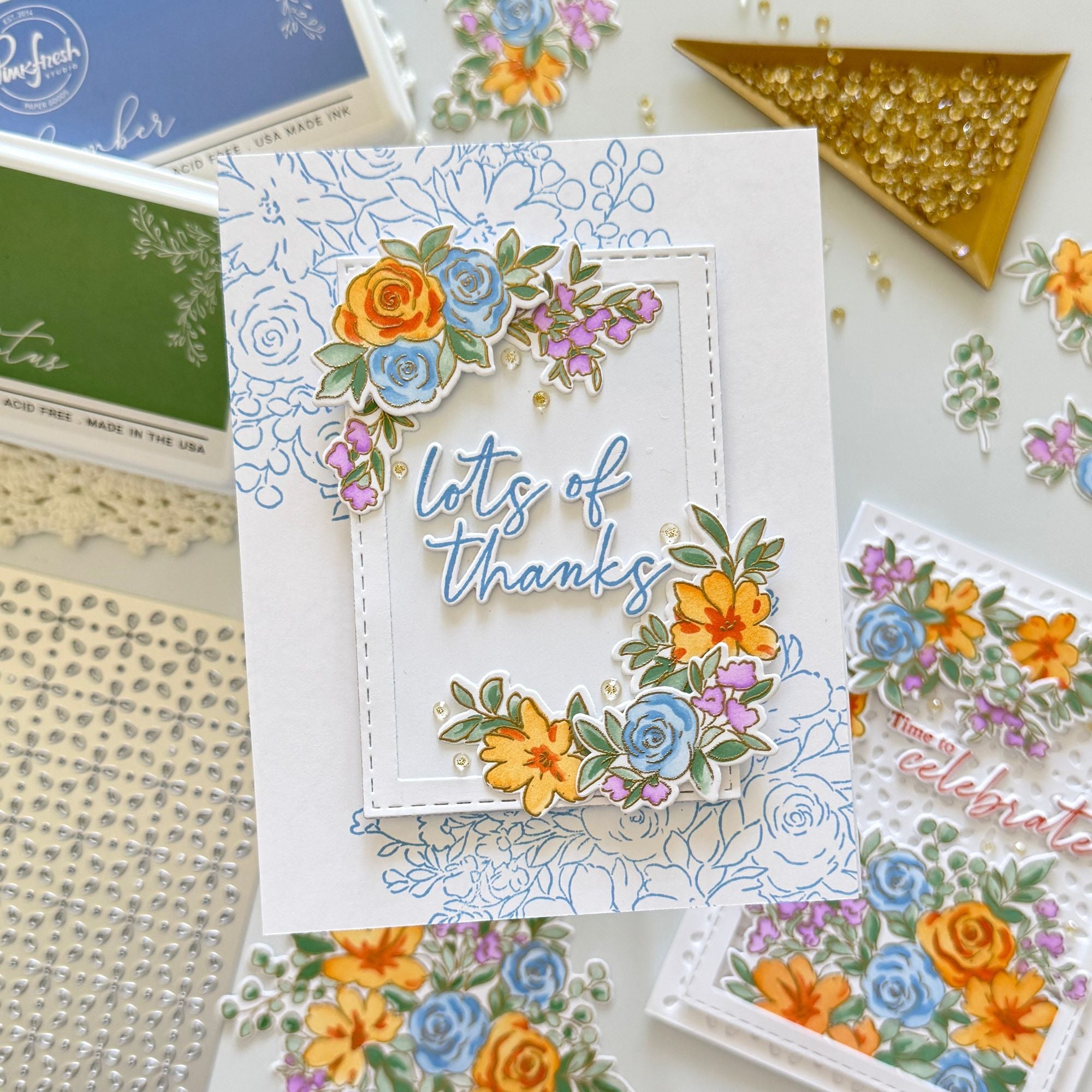 Pinkfresh Studio Cozy Blooms Stamps Dies Stencils And Washi Bundle Lots Of Thanks Card