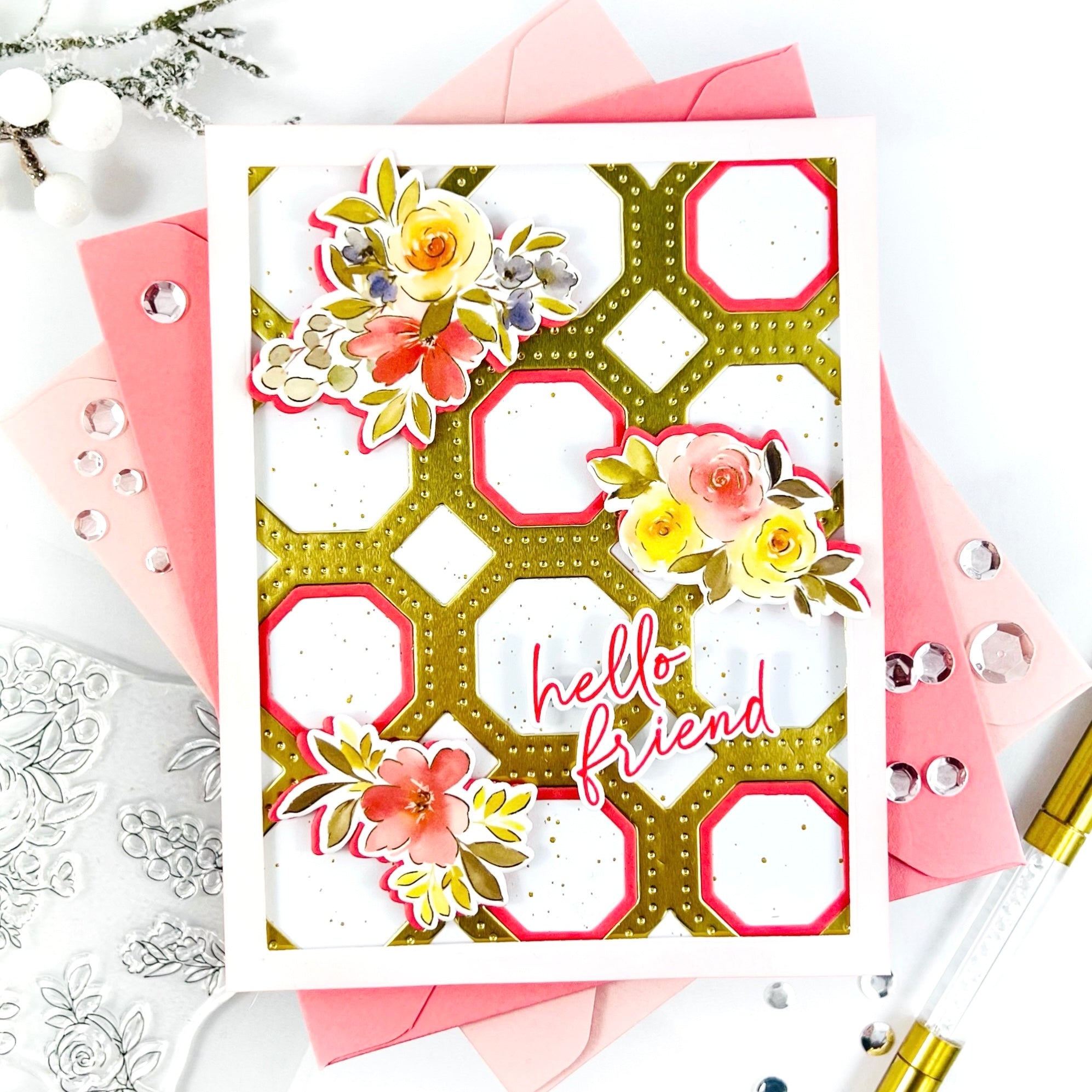 Pinkfresh Studio Cozy Blooms Washi 246224 Hello Friend Card